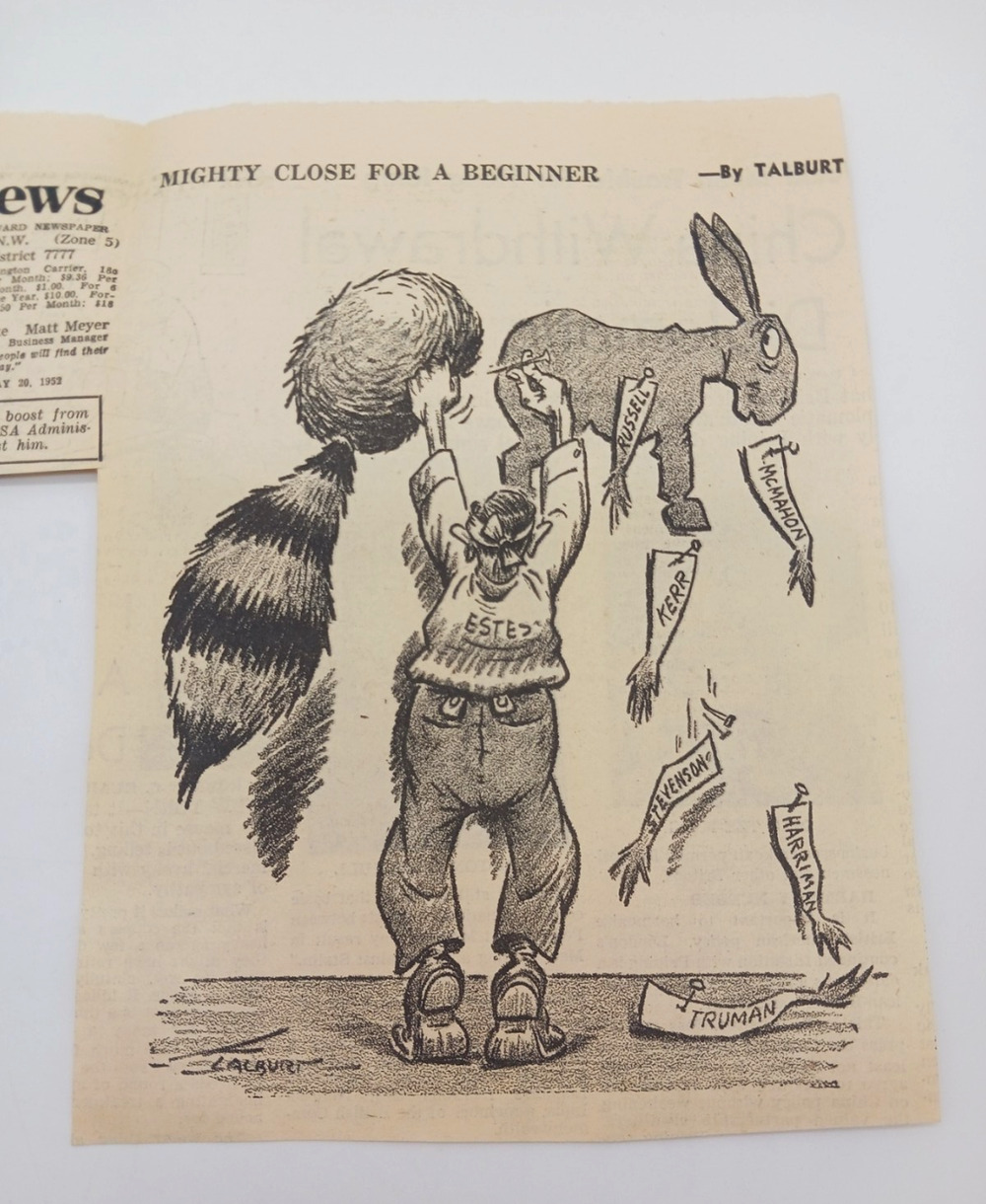 Estes Kefauver Comic Pinning Coonskin Cap on Donkey Cartoon Newspaper Clipping